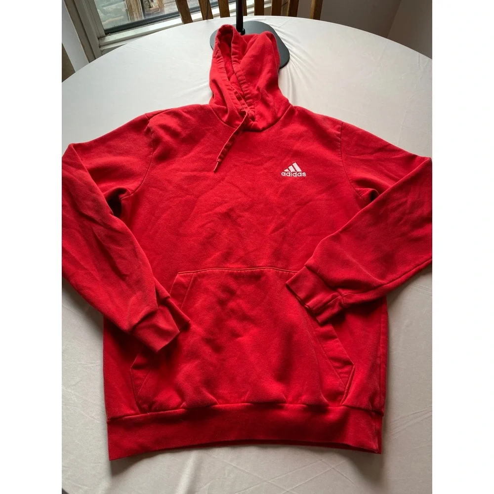 Adidas Mens Essentials Fleece Hoodie Red White Logo Pullover H47018 M